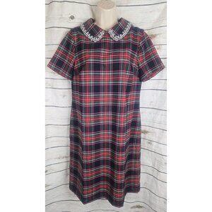 Talbots Plaid Rhinestone Collar Dress 8 Shift Womens Classic Red